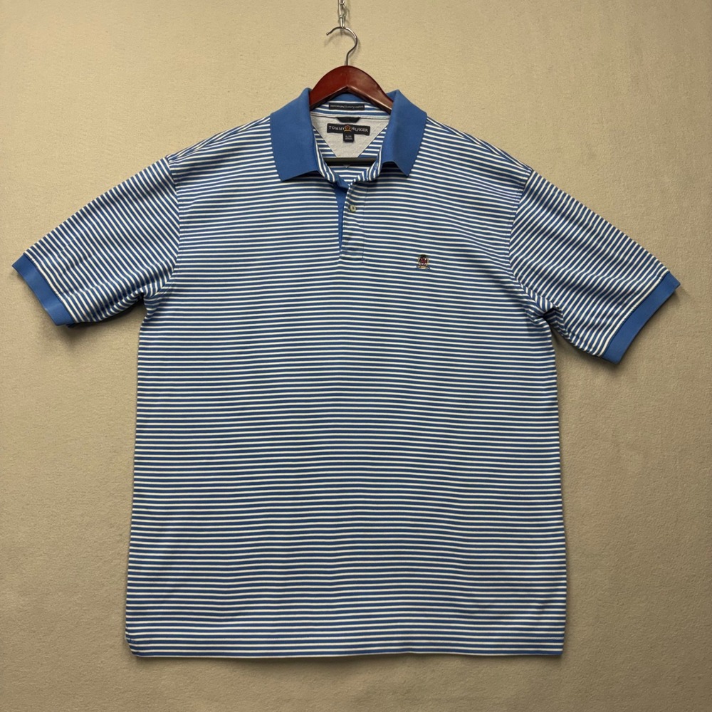 Tommy Hilfiger Polo Shirt Mens XL Blue Striped Mercerized Luxury Cotton Y2K Logo
